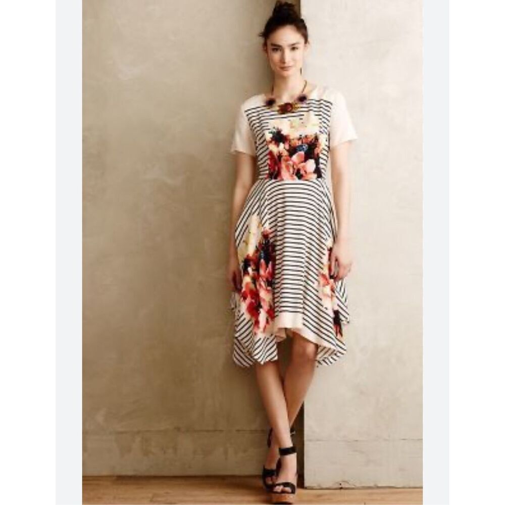 Anthropologie Cream Striped Midi Dress with Red & Pink Floral Print - Picture 2 of 11
